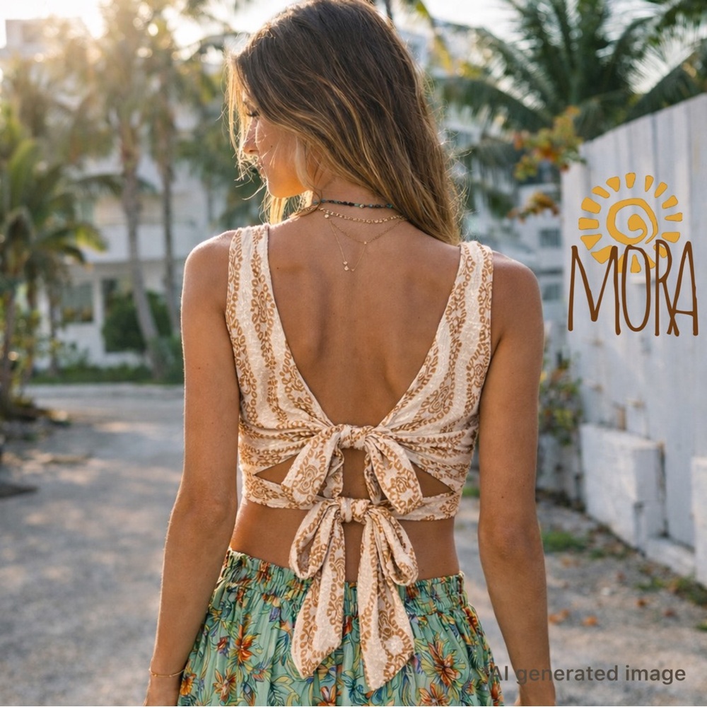 Mora Girls Boho Crop Top Wrap-Style Chest Cream & Honey Brown Print Size M - Picture 2 of 16